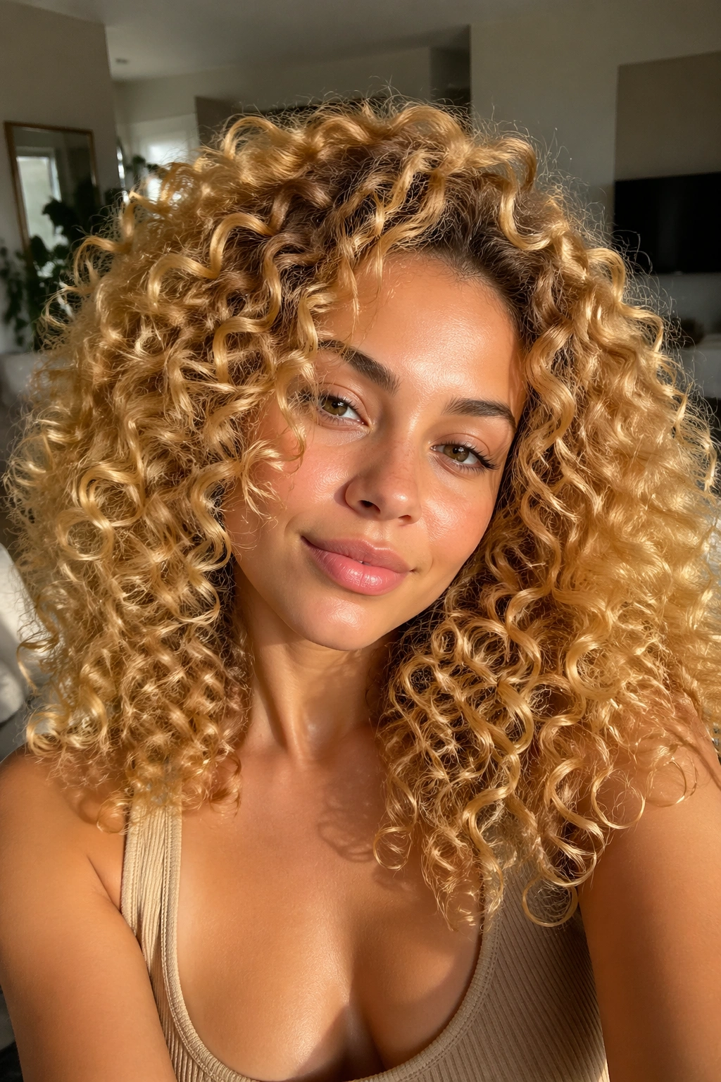 Close-up of a real woman with golden blonde curls in warm indoor light