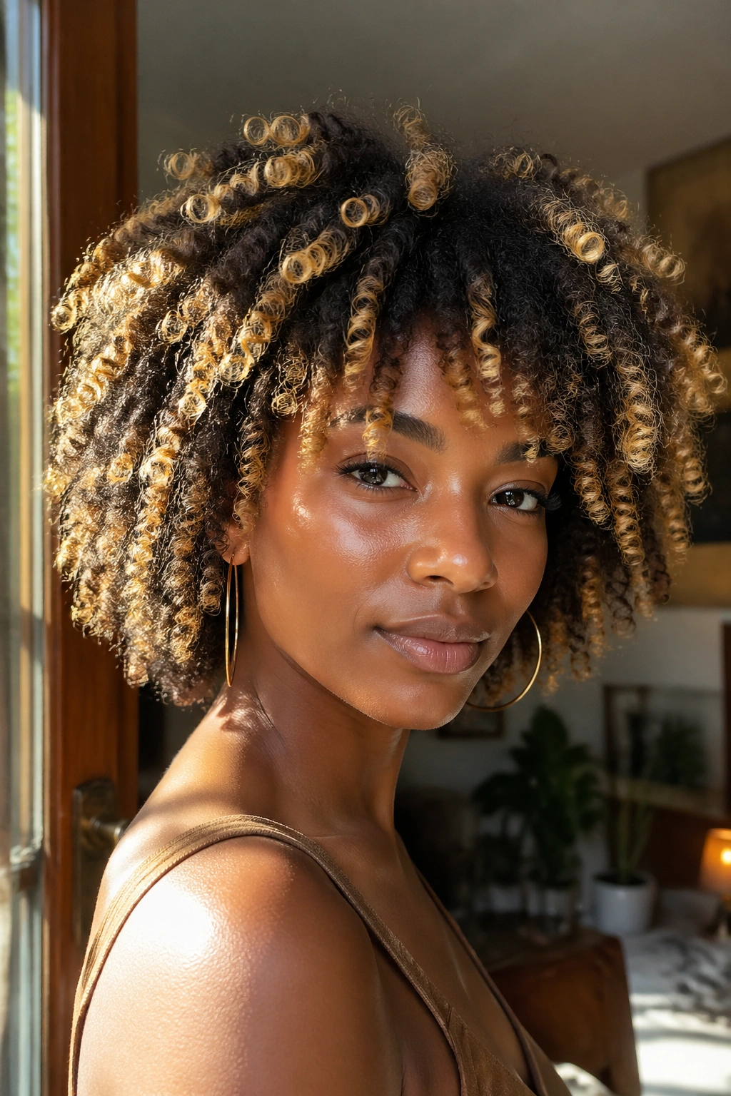 Close-up of a Black woman with golden blonde highlights in natural curls