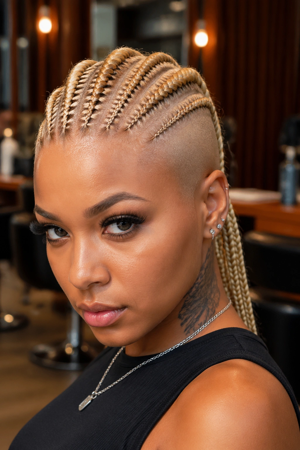 Stitch cornrow mohawk in golden blonde on a real person.