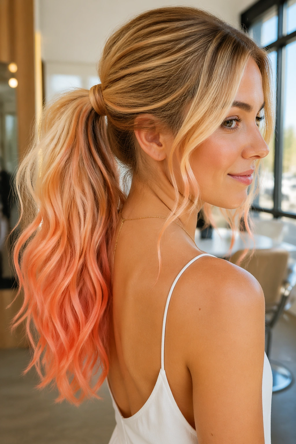 Close-up of a real person with a golden blonde to peach ombre ponytail