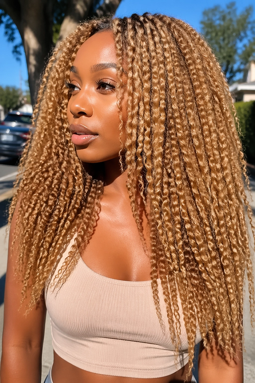 Portrait of a real woman with a golden blonde stretched twist-out