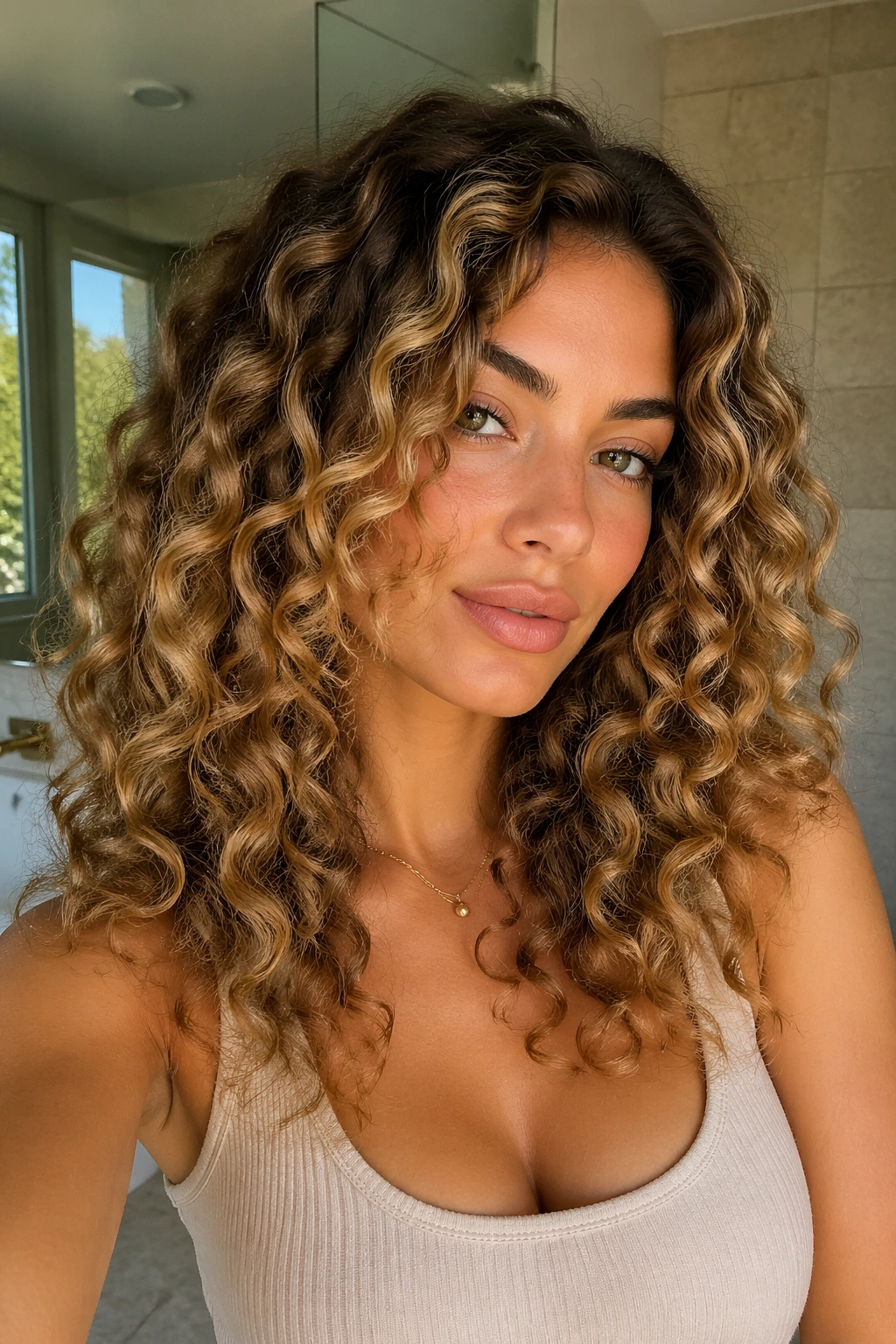 Close-up of a real person with golden bronde curly hair around the face in warm light