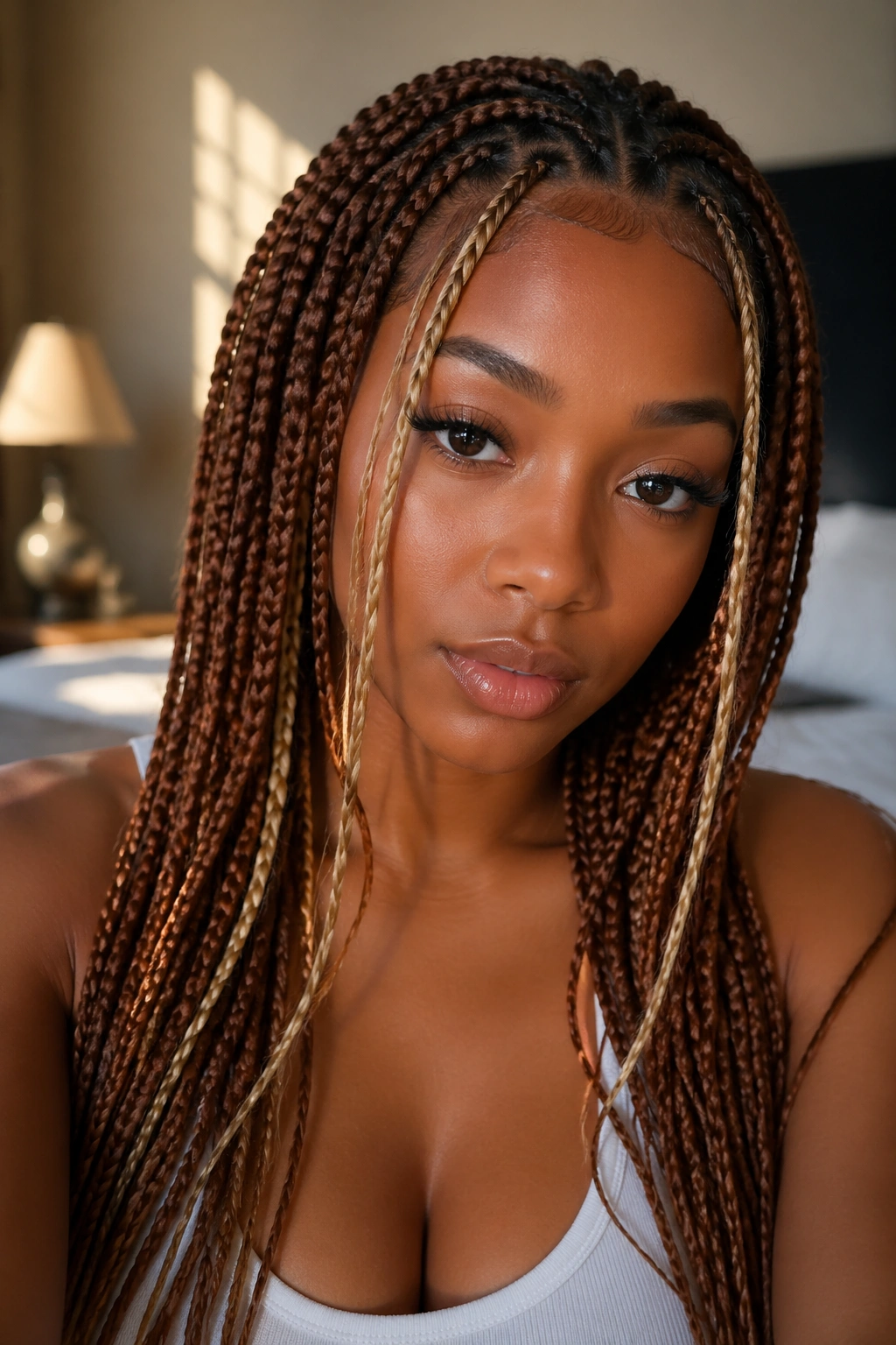 Close-up portrait of a real woman with golden brown box braids and face-framing lighter pieces.