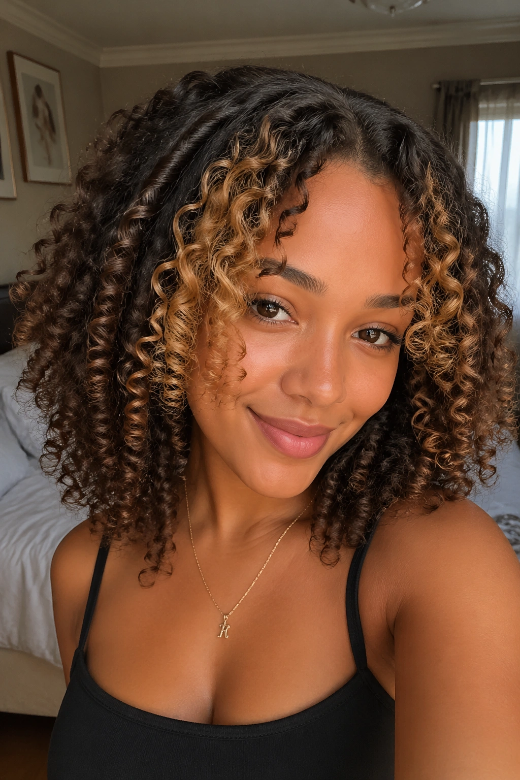 Close-up of a real person with golden-brown face-framing pieces in curly hair