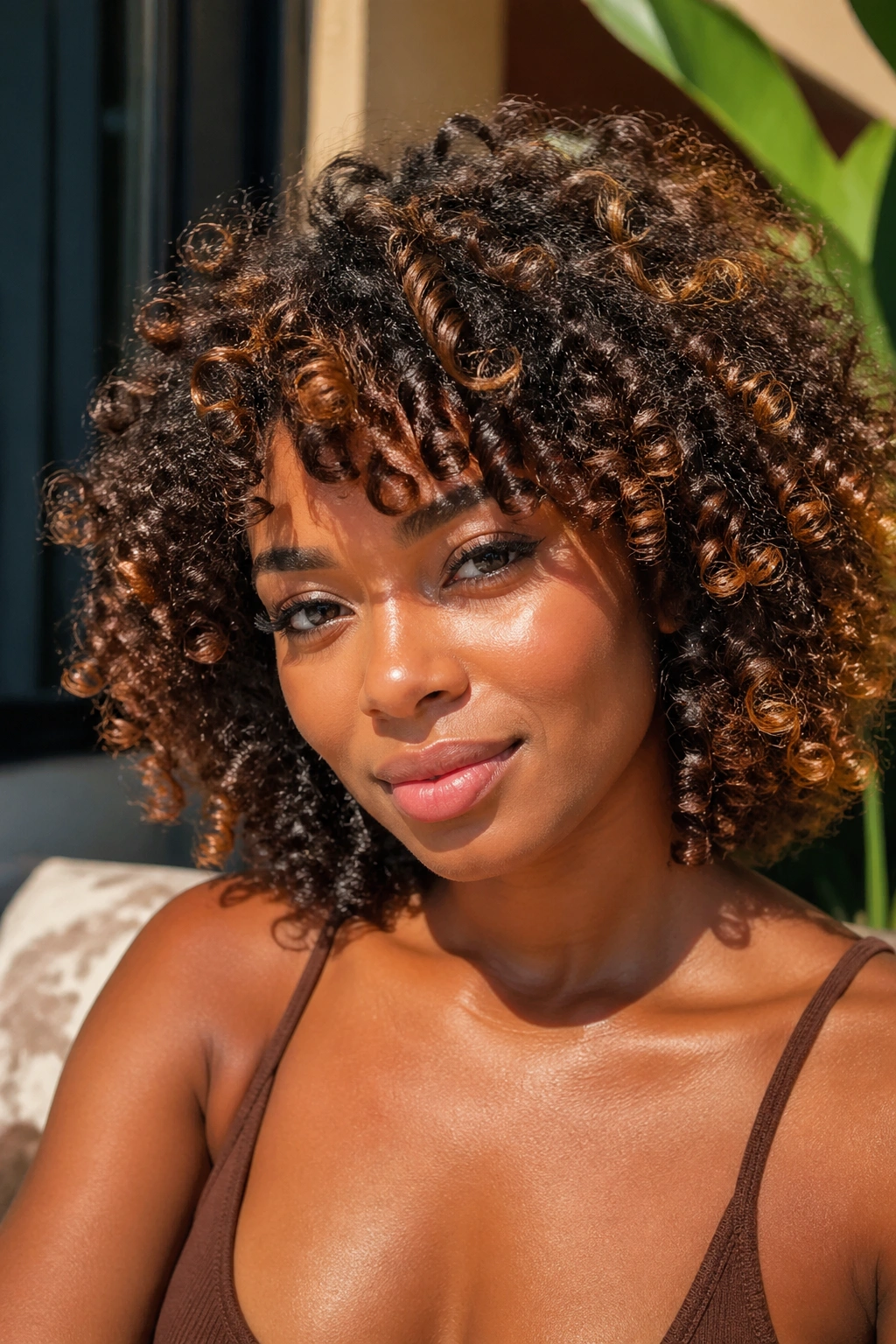 Close-up of dark curls with golden-brown highlights in warm light