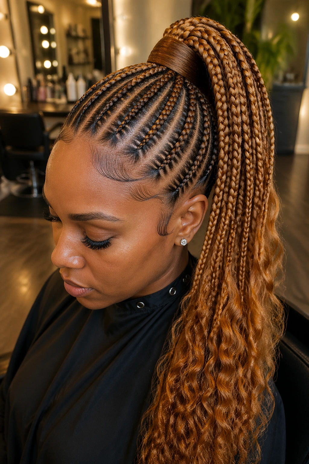 Close-up of a real woman with golden brown stitch braid ponytail in a warm salon