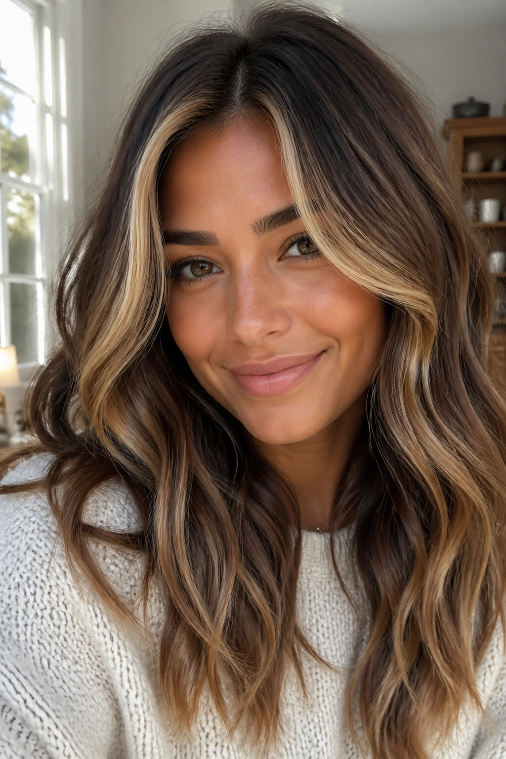 Brown waves with golden face-framing highlights around the face