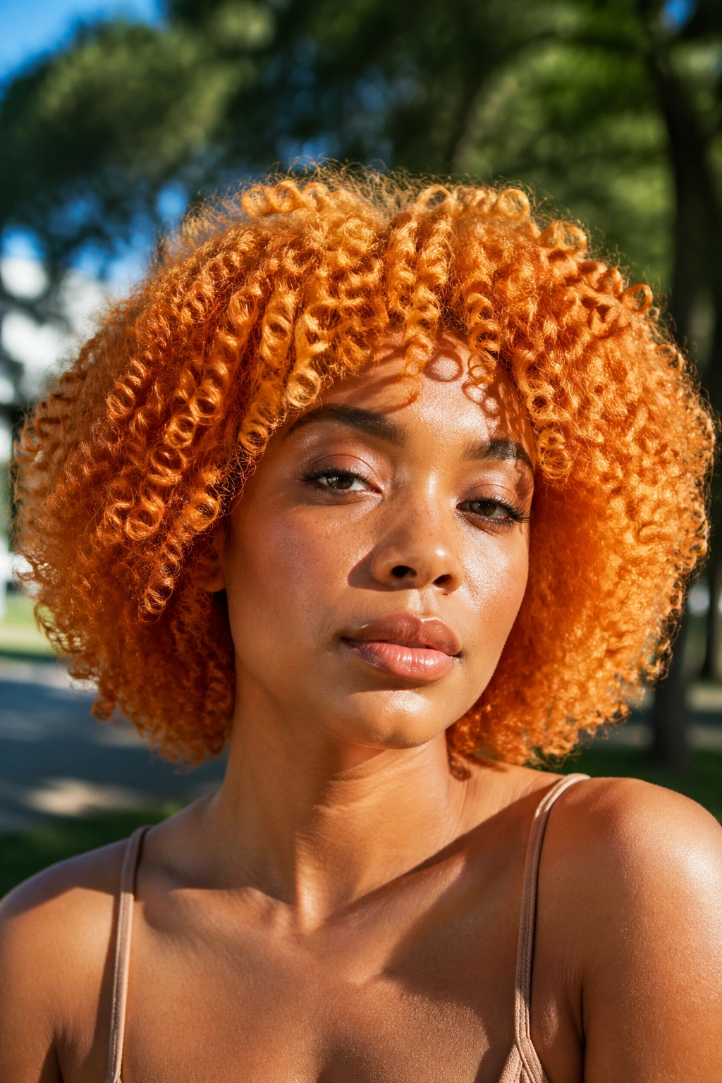 Close-up of a real woman with golden orange bleached curls in outdoor light