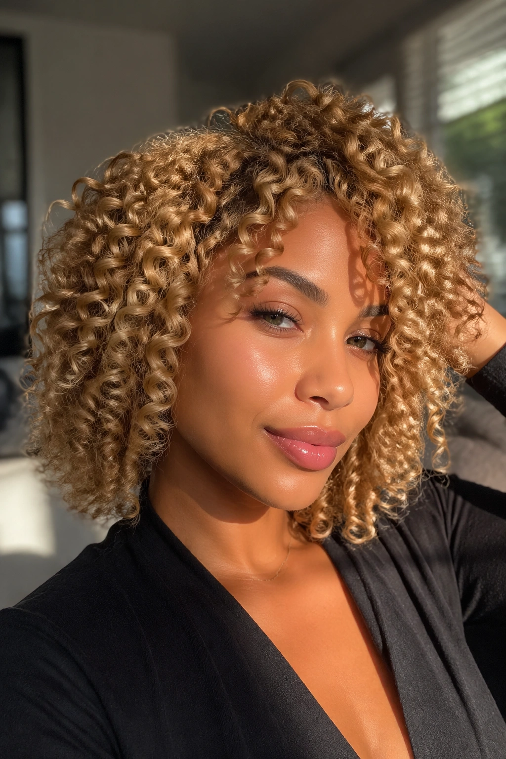 Close-up of a real woman with a golden blonde twist-out hairstyle