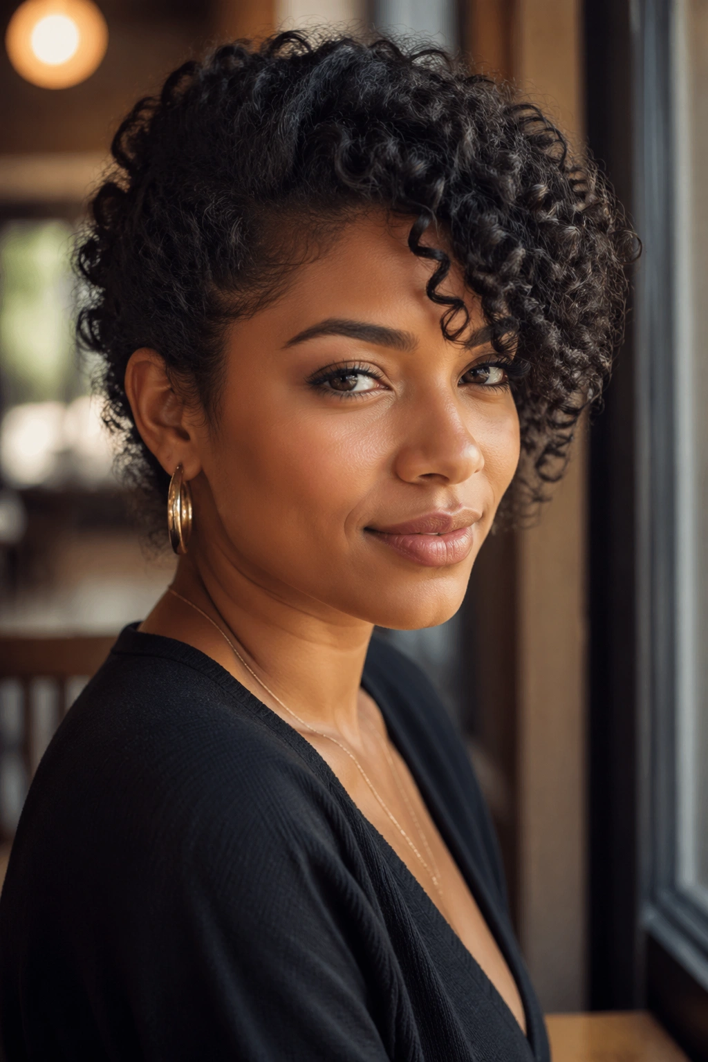 Close-up portrait of a real woman with curly hair and a side-swept bang framing her face.