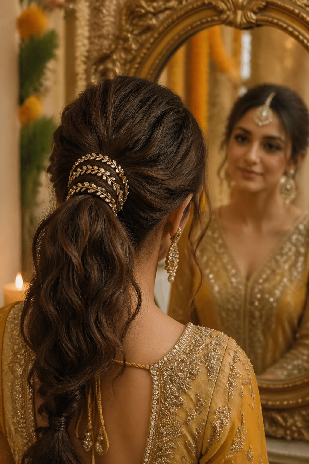 Over-the-shoulder view of gota patti accent ponytail with mirror reflection