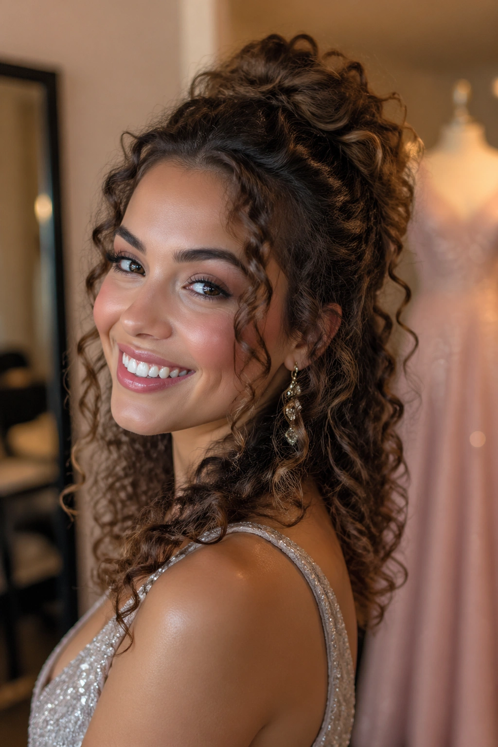 Real person with half-up curly hairstyle and gown silhouette in background