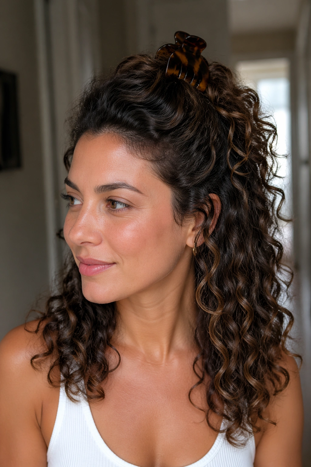 Real woman with grab-and-go claw clip look for curly hair in a casual home setting