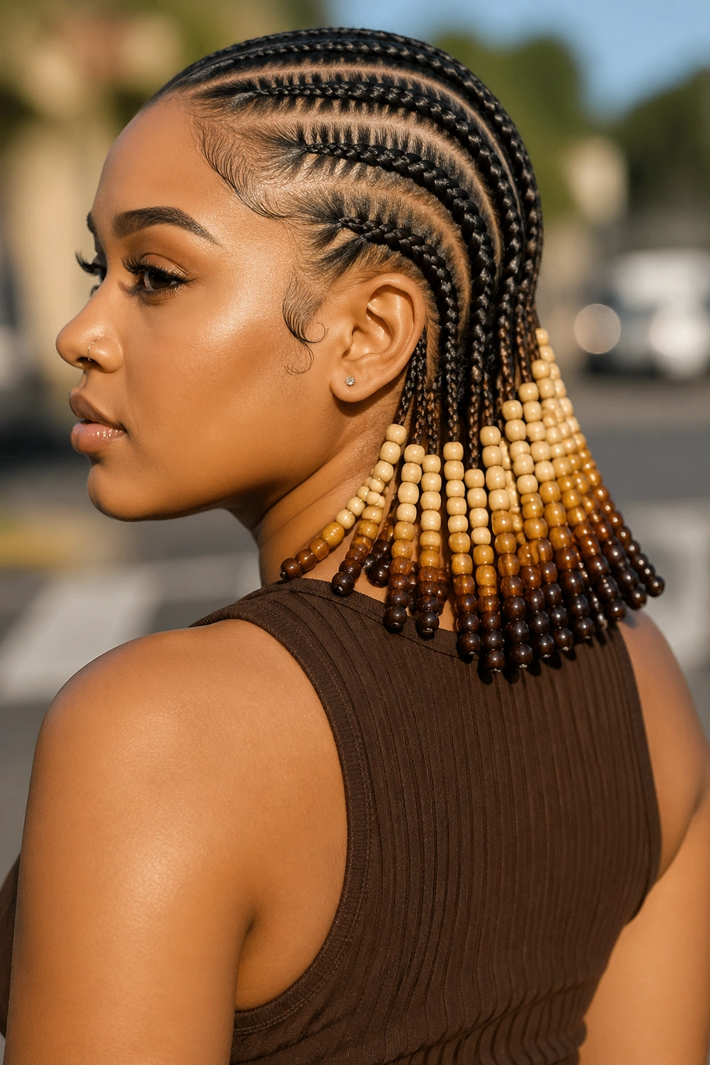 Close-up portrait showing two-toned gradient beads on cornrows