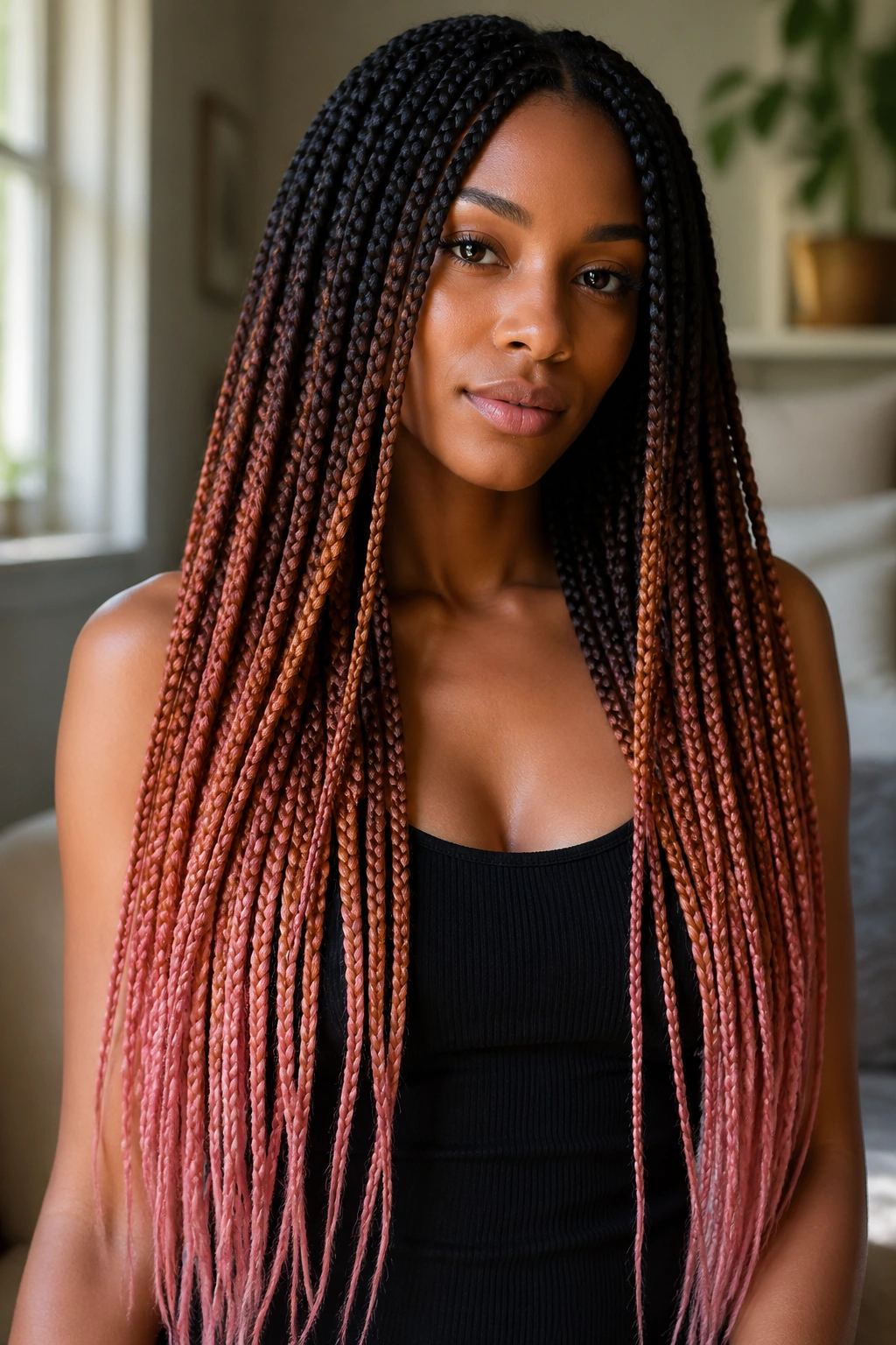 Close-up portrait of a real person with waist-length gradient box braids from black to copper to rose