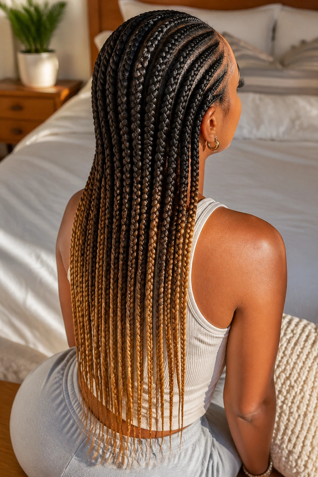 Close-up of a real person with mid-back length cornrows and natural gradient color.