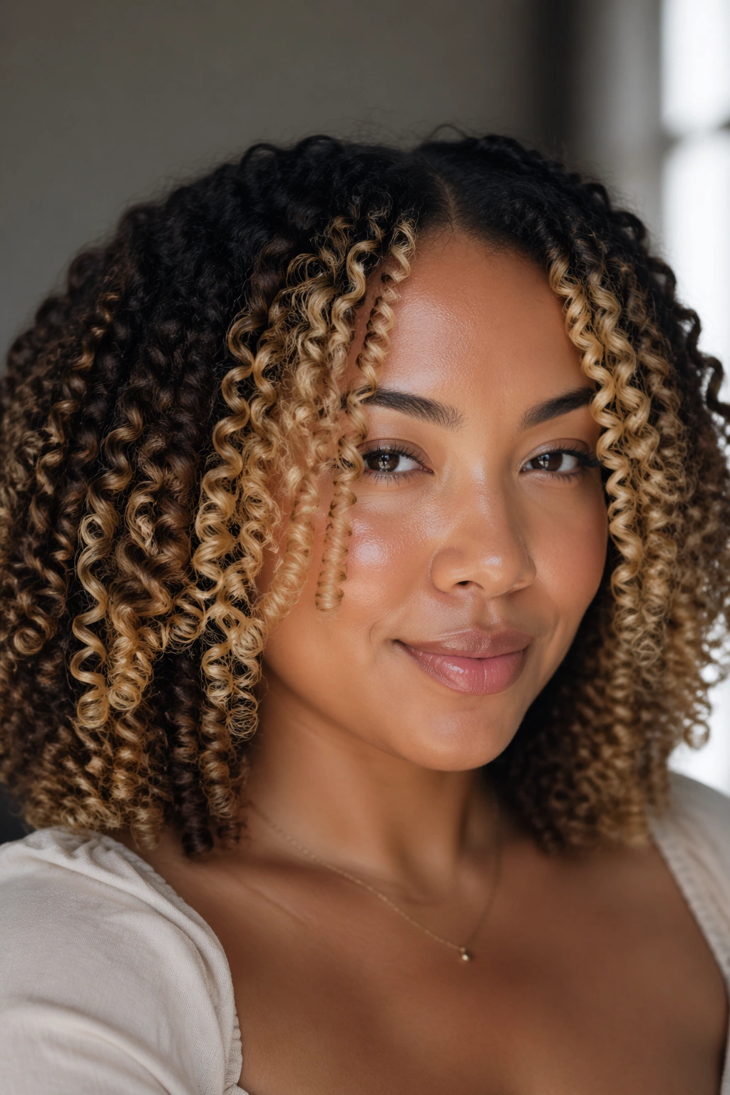 Close-up head-and-shoulders portrait of a real woman with a gradient blonde money piece on defined coils