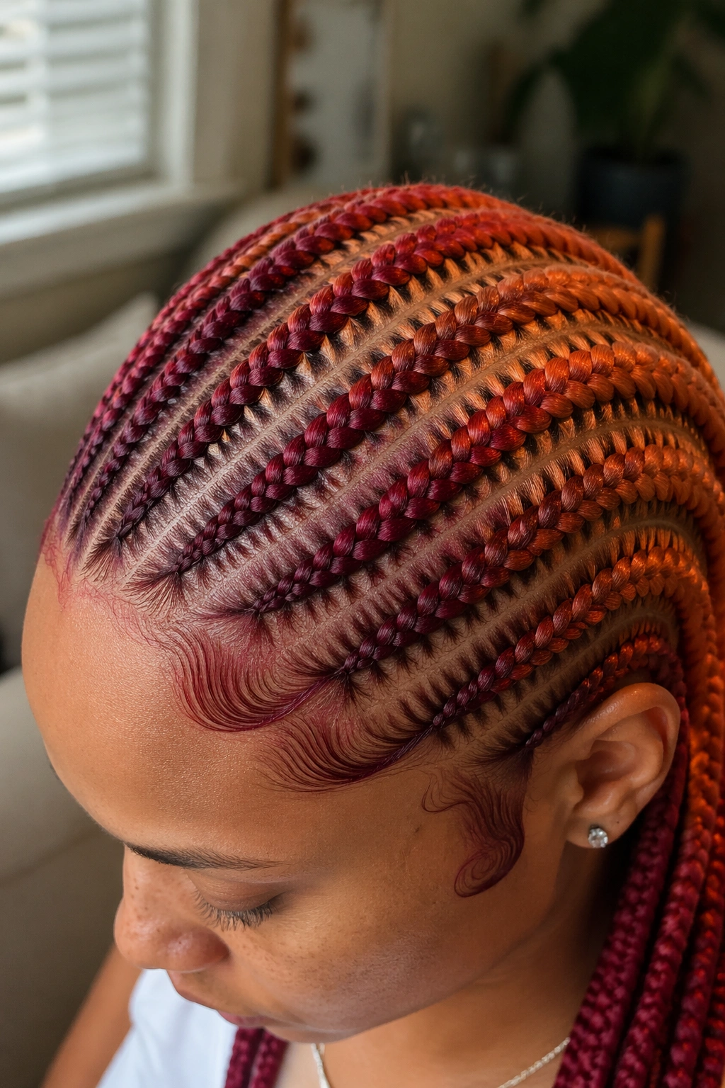 Close-up of a real person's head showing a gradient of burgundy, copper, and ginger in feed-in cornrows.