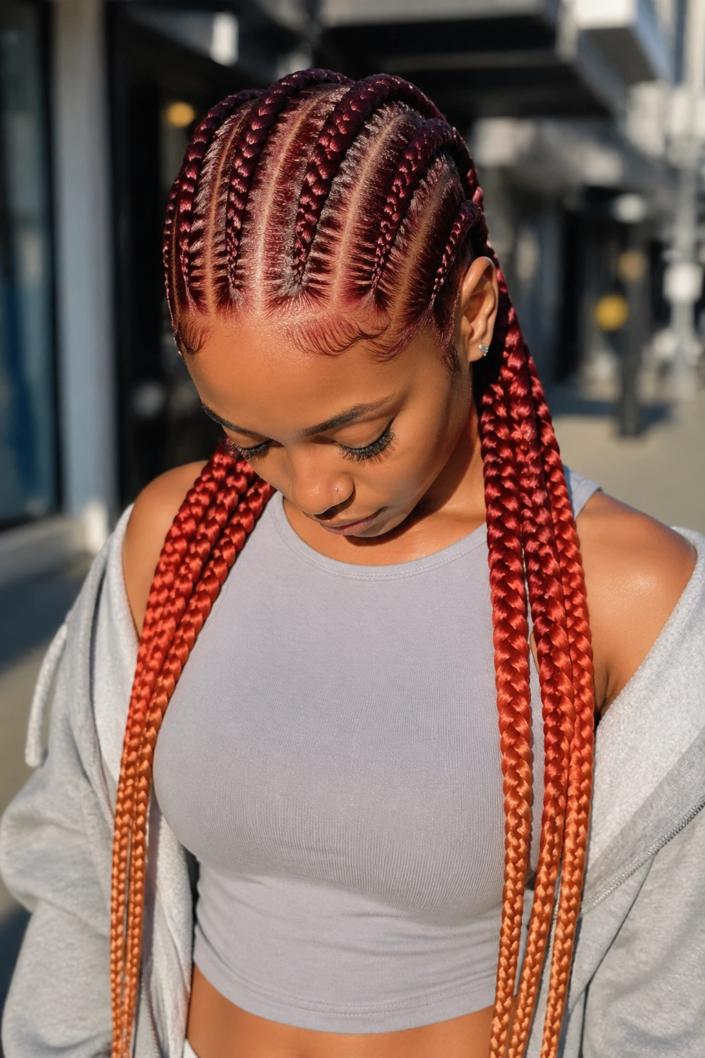 Gradient red cornrows from burgundy to copper on real person, close-up