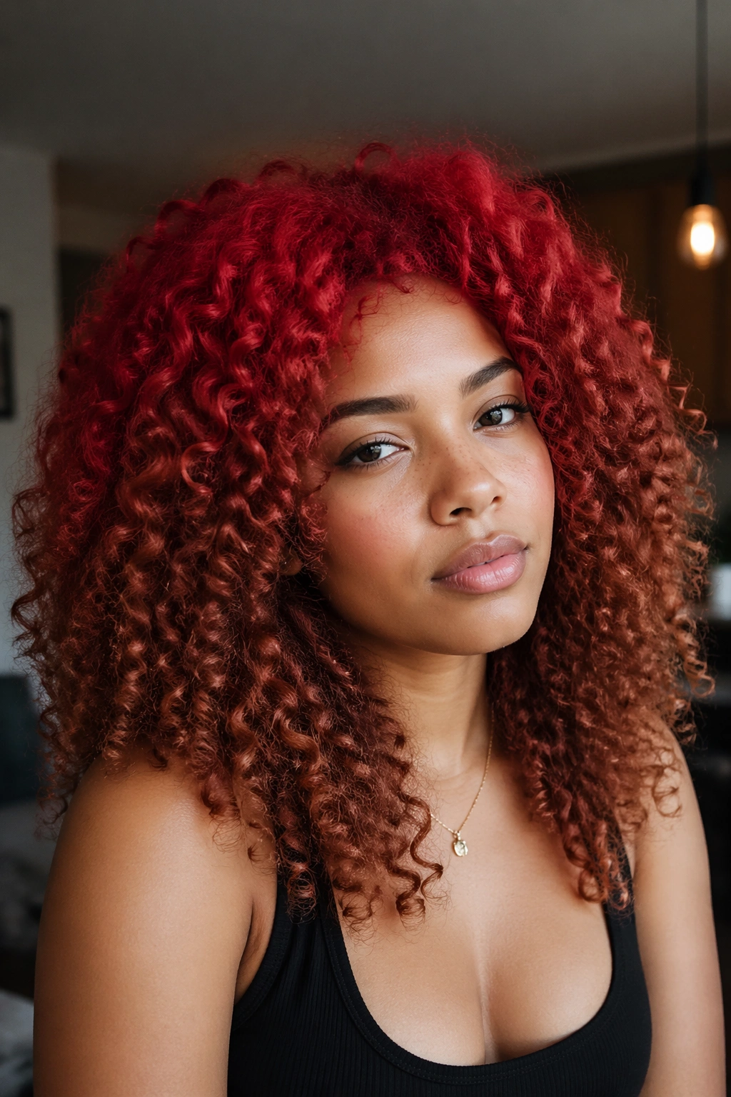 Close-up of curls with crown-to-ends red gradient on a real person