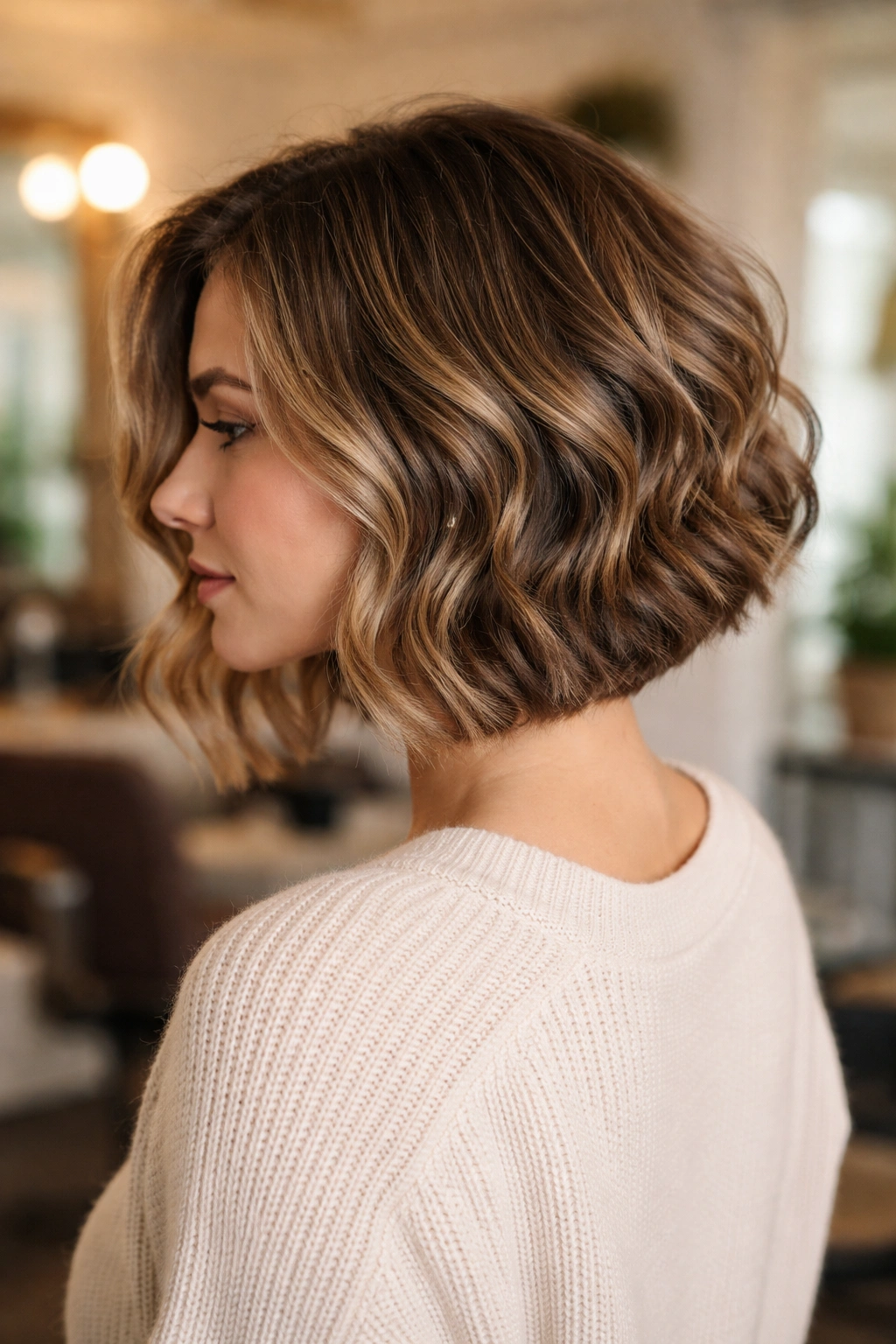 Close-up of a real woman with a graduated back lob showing nape stacking and forward length