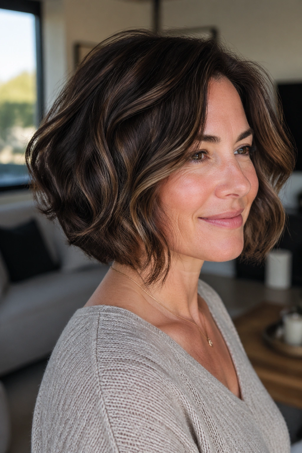 Close-up of a real woman with a graduated bob showing back stacking