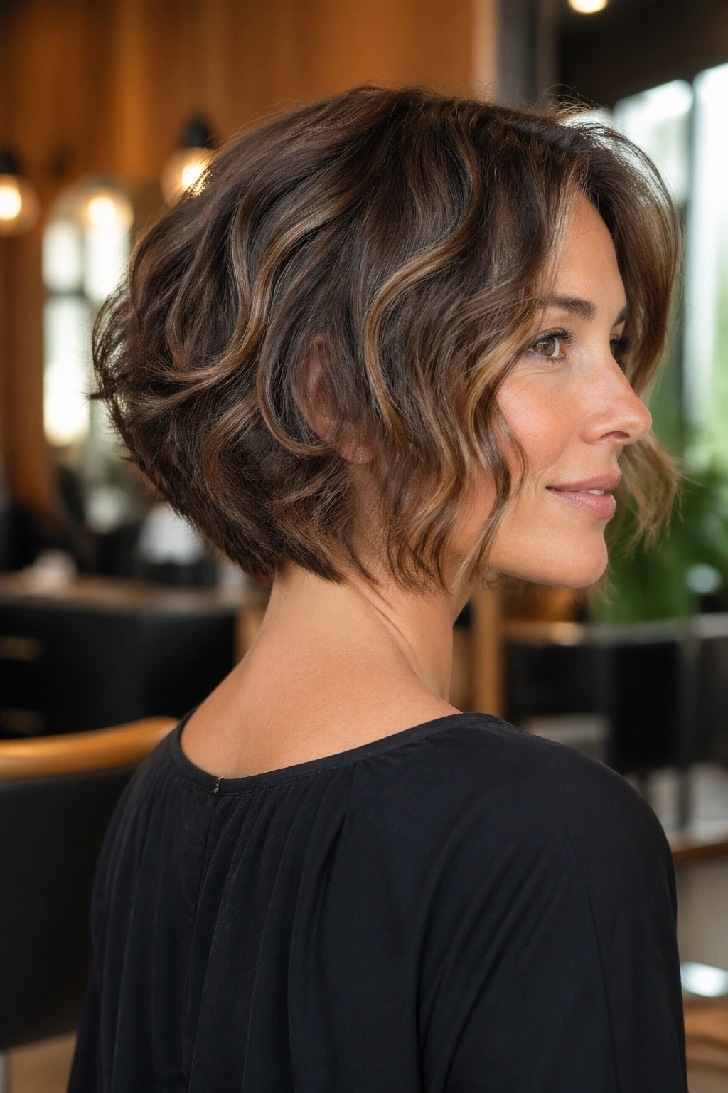 Close-up of a real woman with Graduated Bob for Dense Waves hairstyle in a modern salon