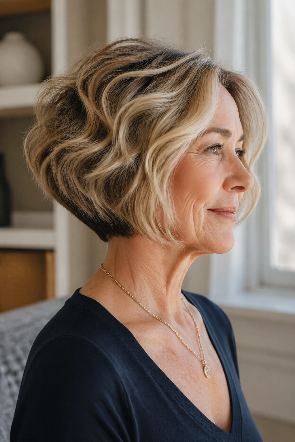 Close-up portrait of a real woman with a graduated bob and lifted back, soft waves