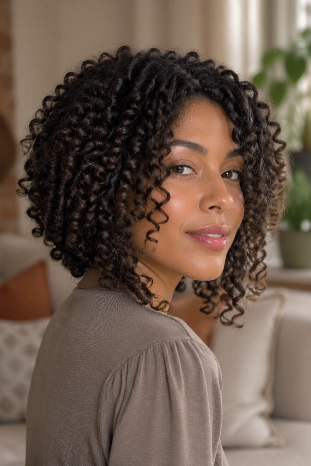 Three-quarter portrait of a real woman with a graduated medium bob showing back and front layers