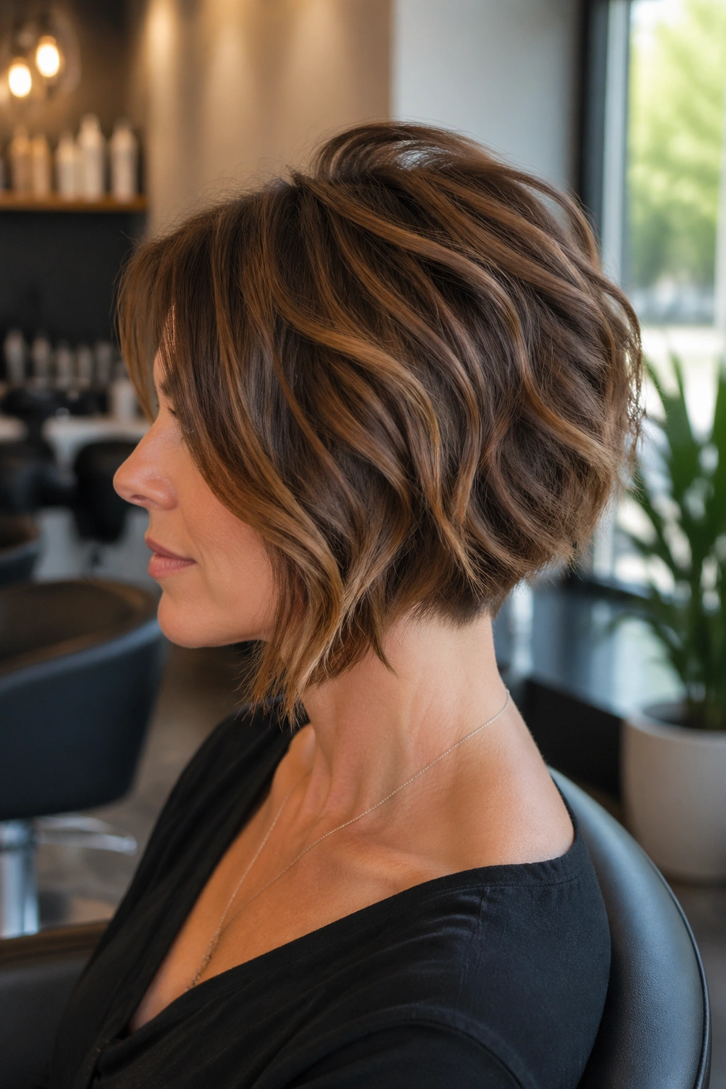 Side-profile portrait of a woman with a graduated bob and tapered nape