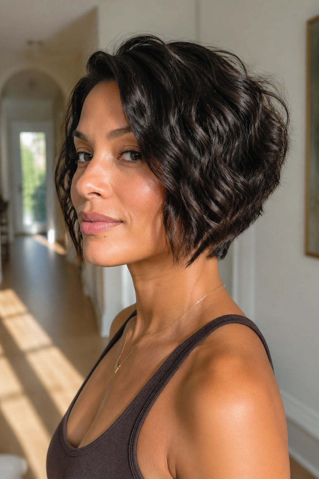 Woman with graduated stacked bob showing nape layering in sunlit hallway