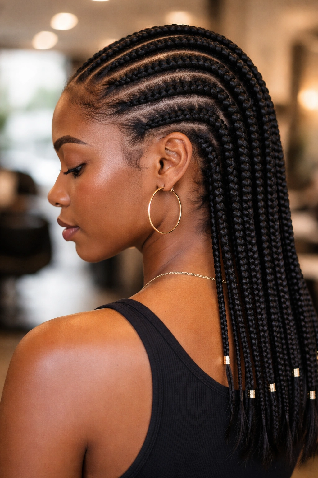 Close-up of graduated-length cornrows on a real person