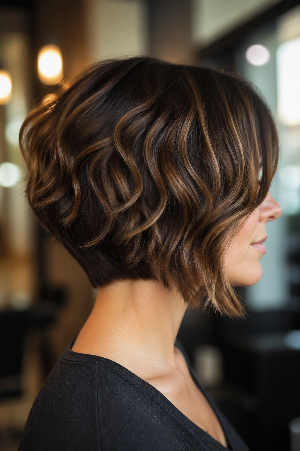 Profile of a real woman with an inverted bob showing stacked back layers