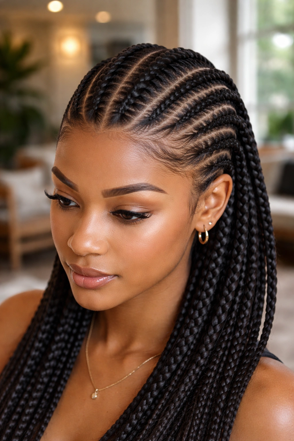 Close-up of two thick center cornrows with graduating thickness