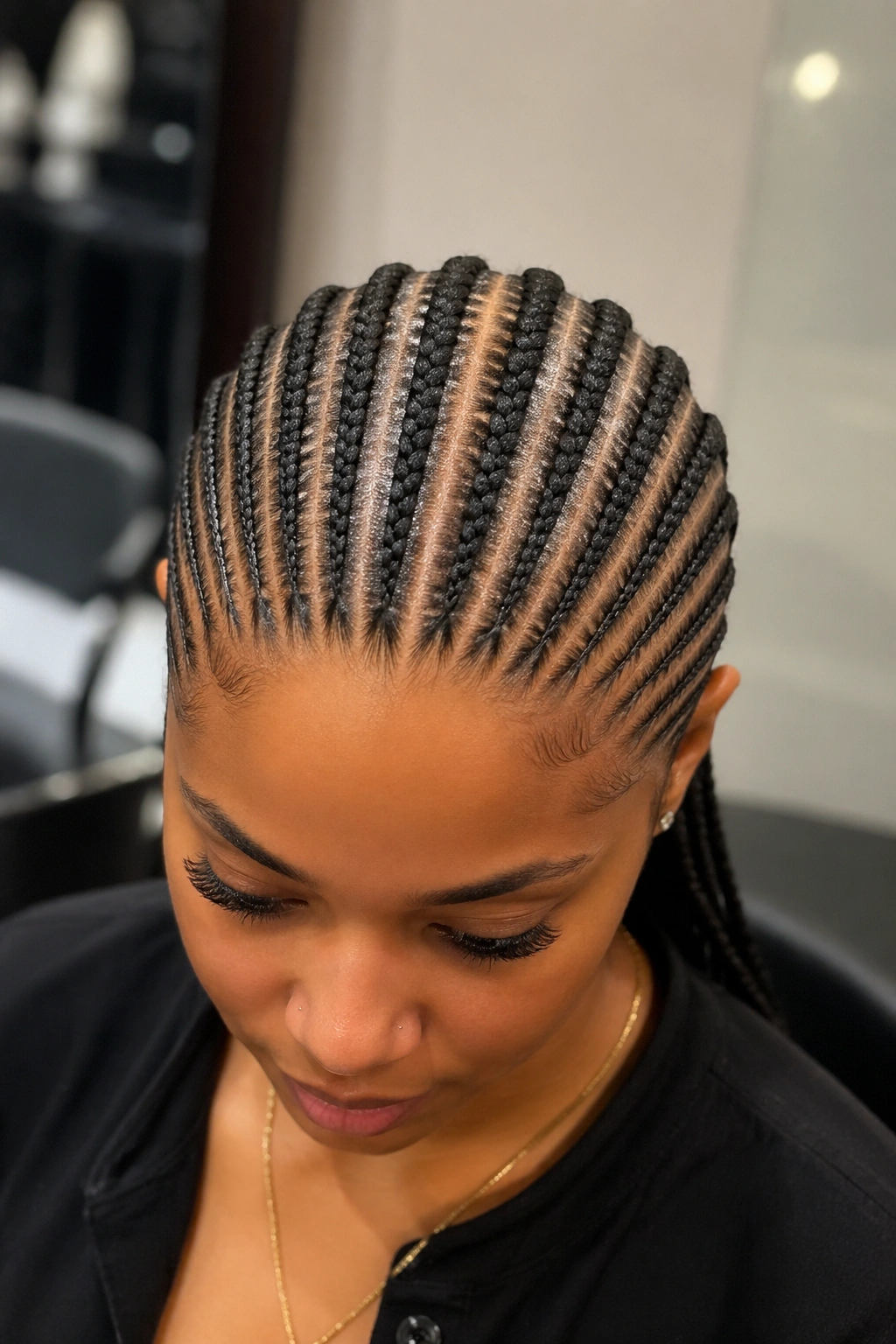 Close-up of a real person with central thicker cornrows and graduated thickness along the sides