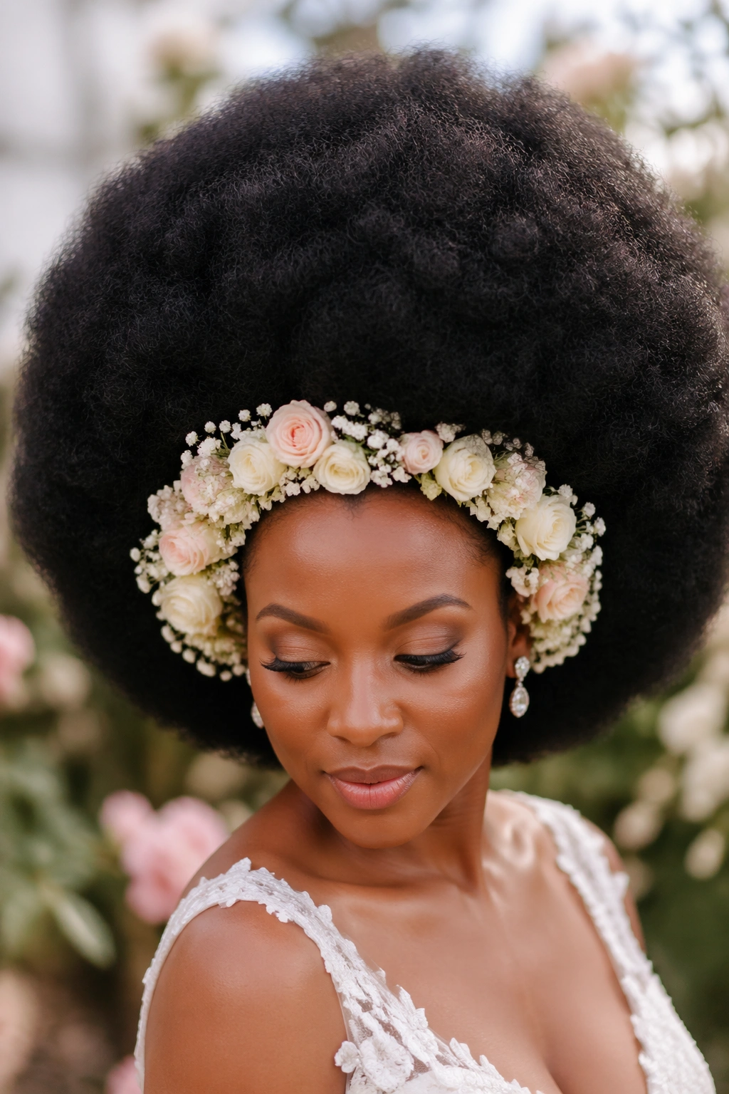 Grand afro with flower crown on a real bride.