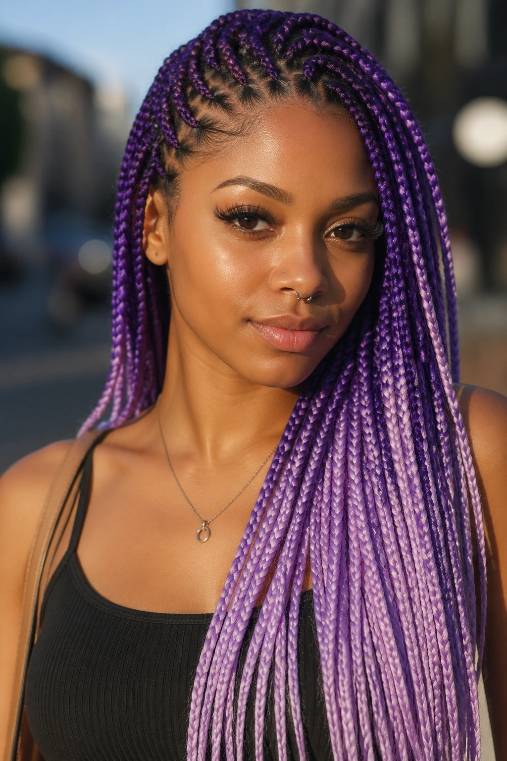 Close-up of grape and lilac box braids on a real person in golden hour light