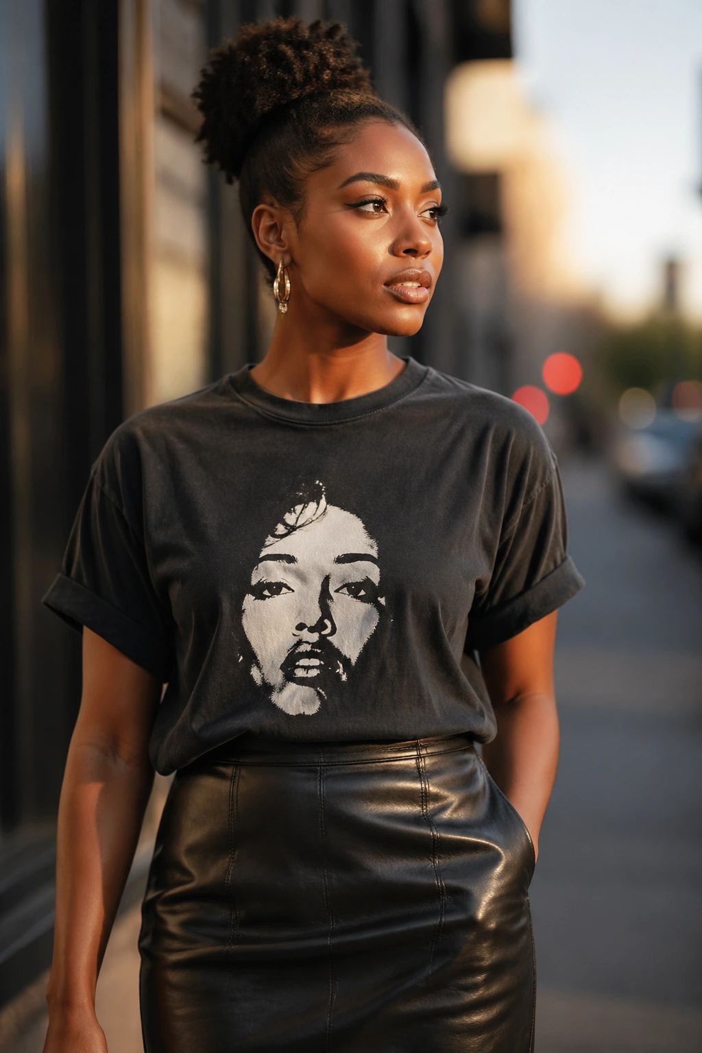 Portrait of a woman in graphic tee and leather skirt outdoors