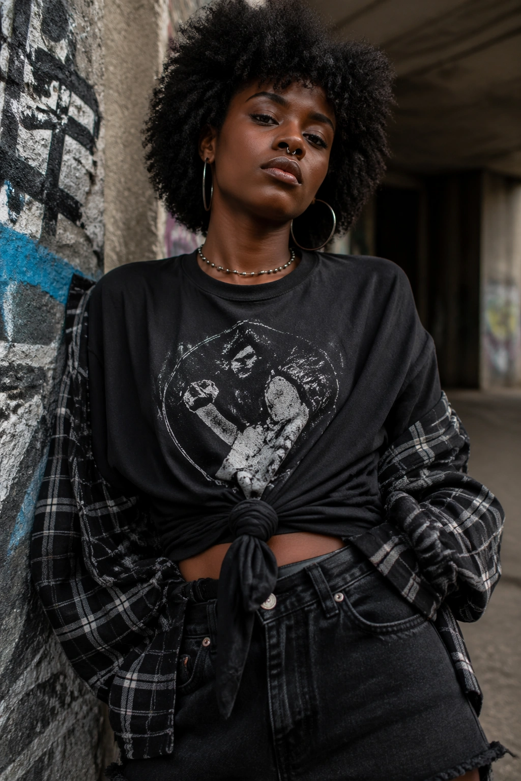 Portrait of a real woman with a knotted graphic tee over plaid shirt on an urban street