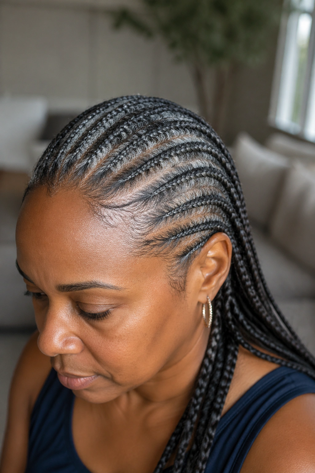 Close-up of a real woman with gray-accented cornrows in natural daylight