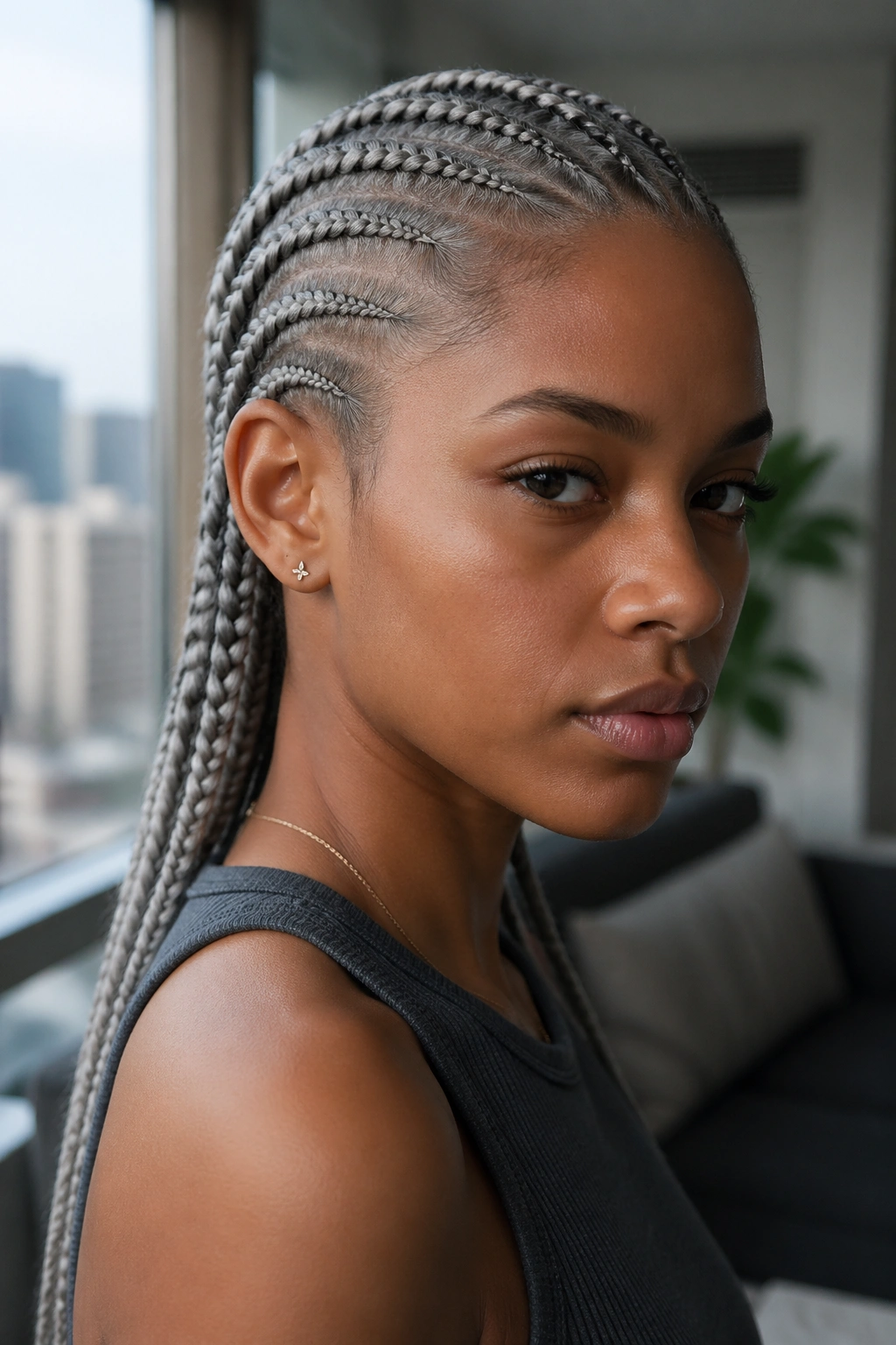 Close-up of a real person with ash grey straight-back cornrows