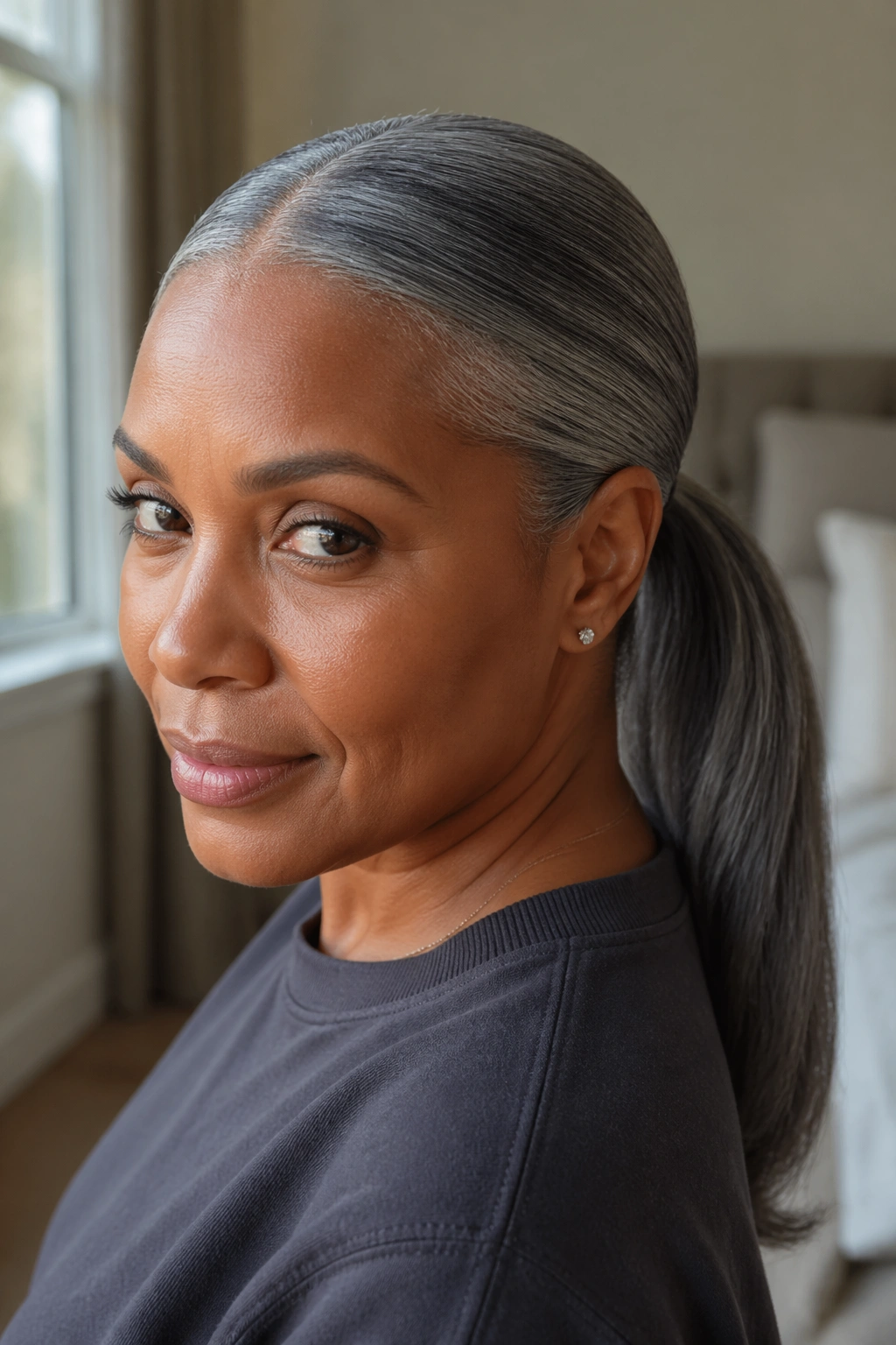 Close-up of a real woman with a sleek gray center-part ponytail.