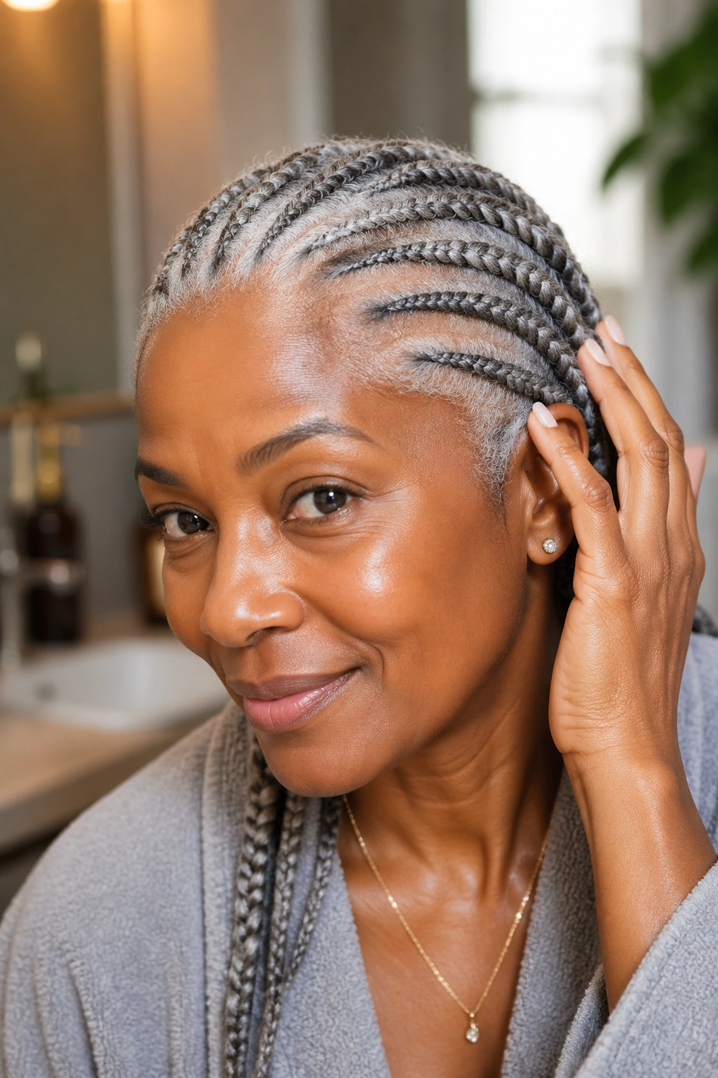 Close-up of gray cornrows with healthy shine and moisturized texture on a real person's head