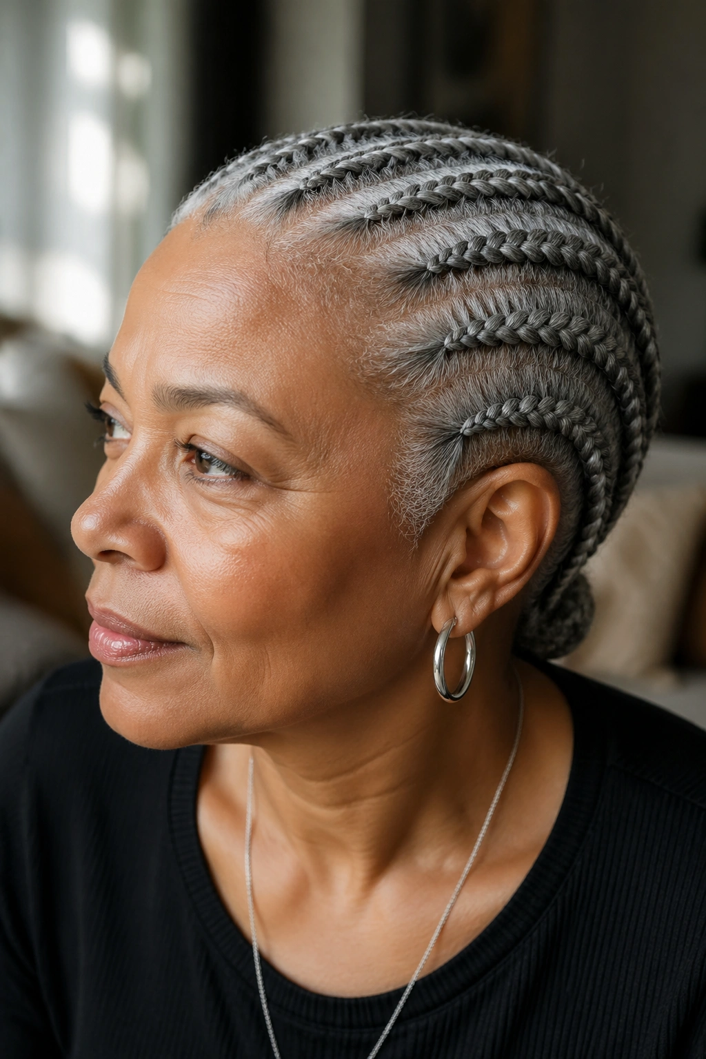 Close-up of a real person with gray cornrows catching light along each braid