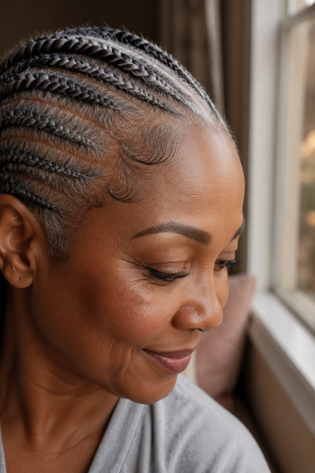 Close-up of a gentle, neatly braided gray hairline on a real person