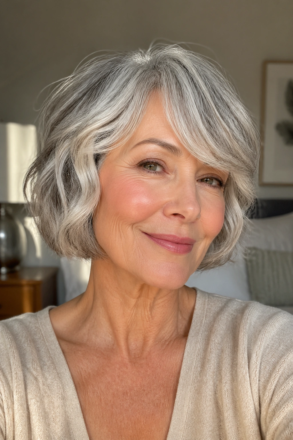 Close-up portrait of a real woman with a chin-length bob and side-swept fringe, silver-gray waves.