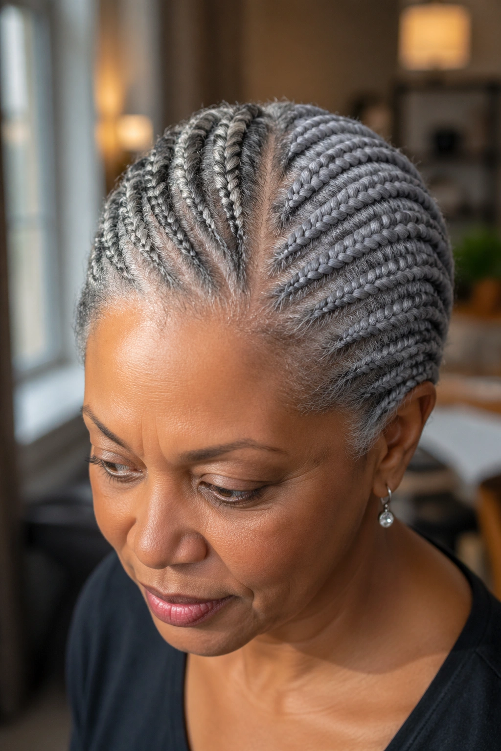 Portrait showing natural variegated gray and uniform dyed silver-gray cornrows on either side of the head