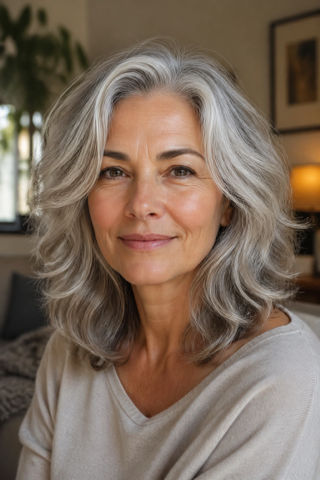 Close-up portrait of a woman with silver gray wavy hair showing soft mid-length layers