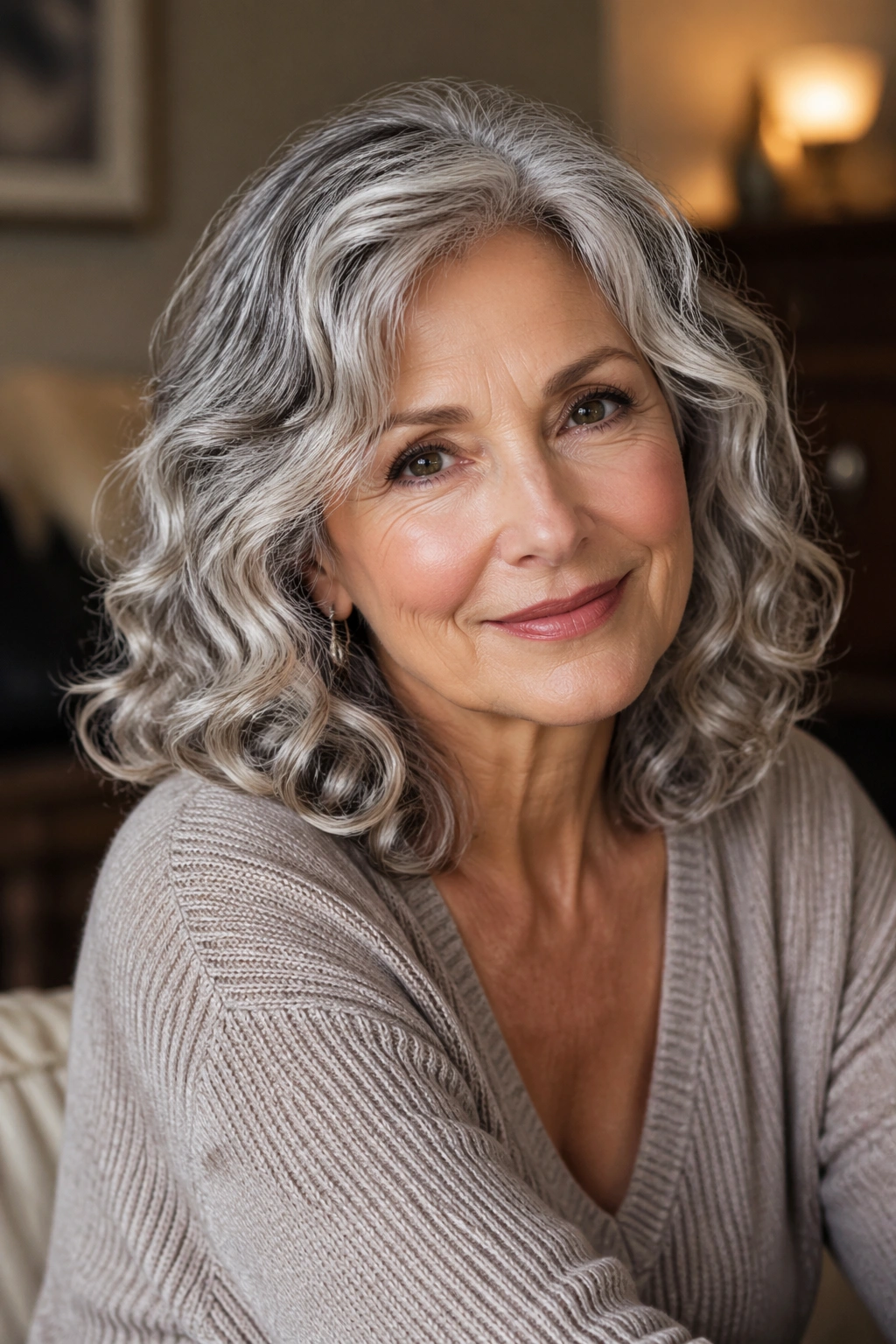 Gray-haired woman with soft spiral waves in a cozy home setting.