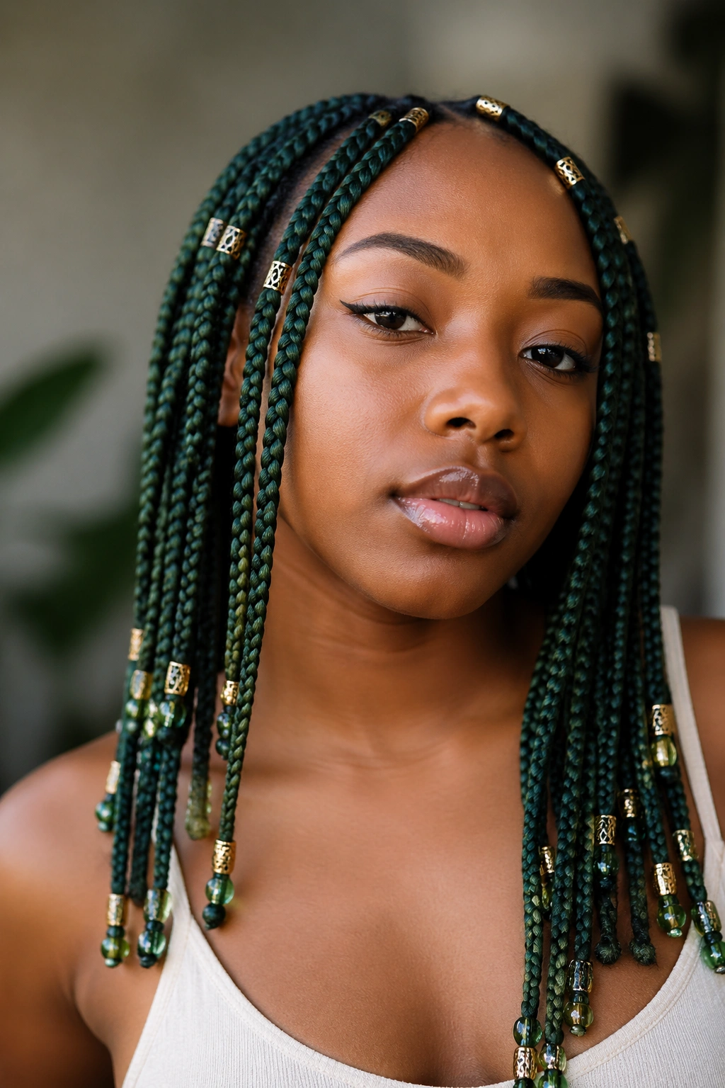 Portrait of a person with green box braids adorned with beads and cuffs